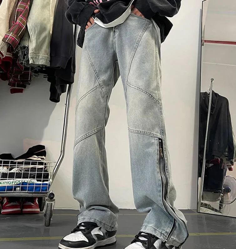 2024 nuovi jeans da uomo Mens Fit Tasca con cerniera Design High Street Men Distressed Denim Jogging Pantaloni Pantaloni a matita lavati