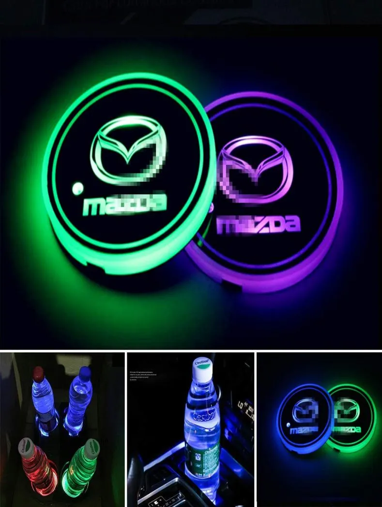 2PCS LEDカーカップホルダーライト7色の変更USB充電マットラミネセントカップパッドMazda1250457用のインテリア雰囲気ランプ