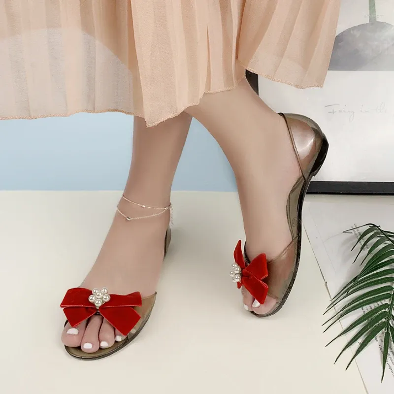 Sandálias Outono Moda Elegante Mulheres Arco Contraste Cor Veludo Cristal Sapatos PVC Confortável Casual Flat