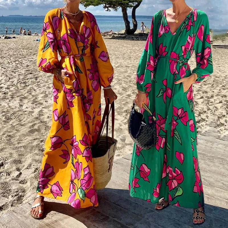 Fd1424 tem estoque 2024 primavera nova moda feminina impresso com decote em v casual férias praia vestido maxi vestidos mangas compridas tornozelo comprimento