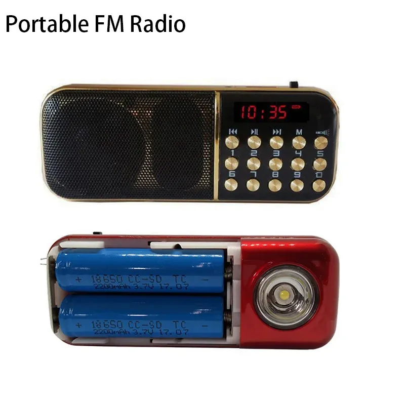 Radio Portable FM Radiohögtalare Mini Handheld Digital USB TF Mp3 Player LED Ficklight Support 2 uppladdningsbart 18650 -batteri