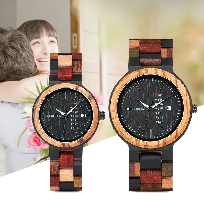 Montres Bobo Bird Couple Watch Colorful Wooden Strap Watch for Women Week Date Afficher Quartz Wood Wristwatch pour les hommes Women Reloj Mujer