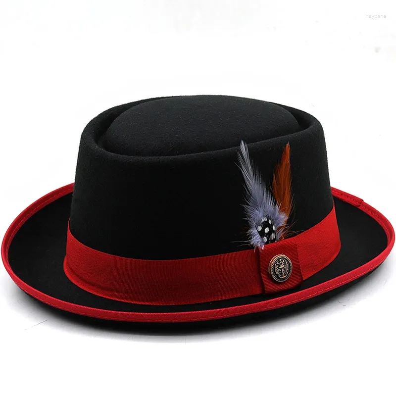 Bérets Rétro Classique Automne Hiver Chaud Femmes Hommes Feutre Plume Ovale Top Cap Fedora Heisenberg Mr Blanc Porkpie Pork Pie Bowler Chapeau 58 cm