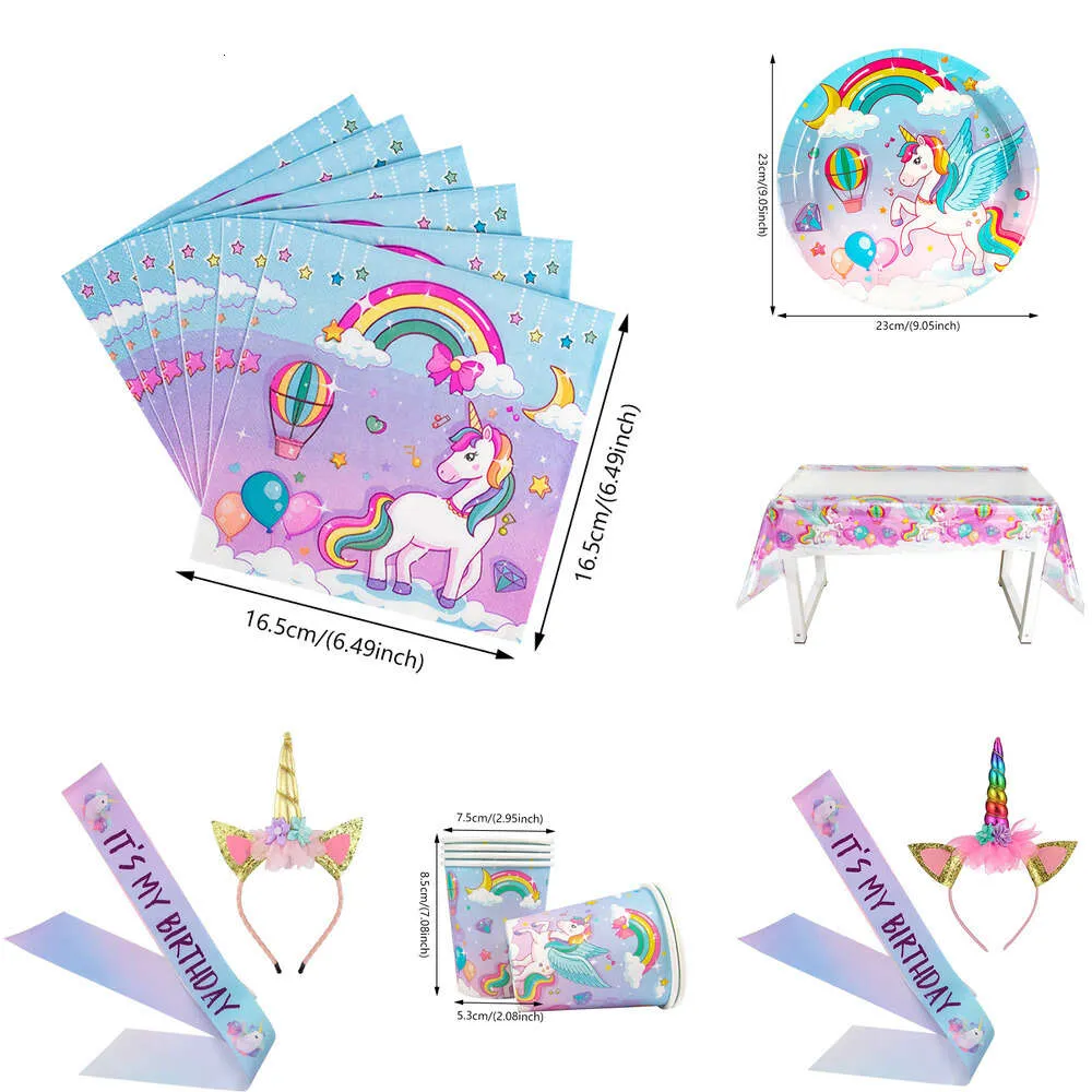 Nuevo Nuevo juego de vajilla desechable de arcoíris para decoración de fiesta de cumpleaños con tema de unicornio para niñas, suministros para platos y vasos de papel para niños