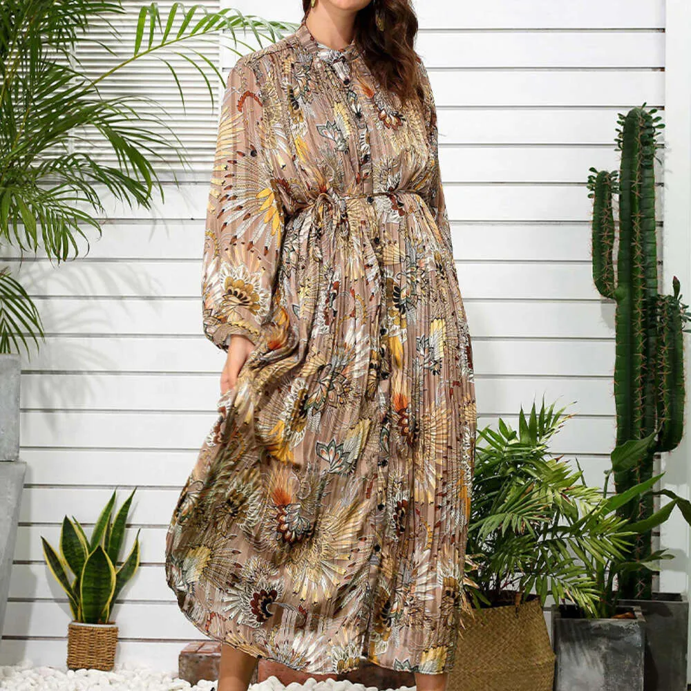 Womens Casual Pleated Long Printed Dress Satin Personalized Printed Flowing Cardigan Shirt Color FZ229100