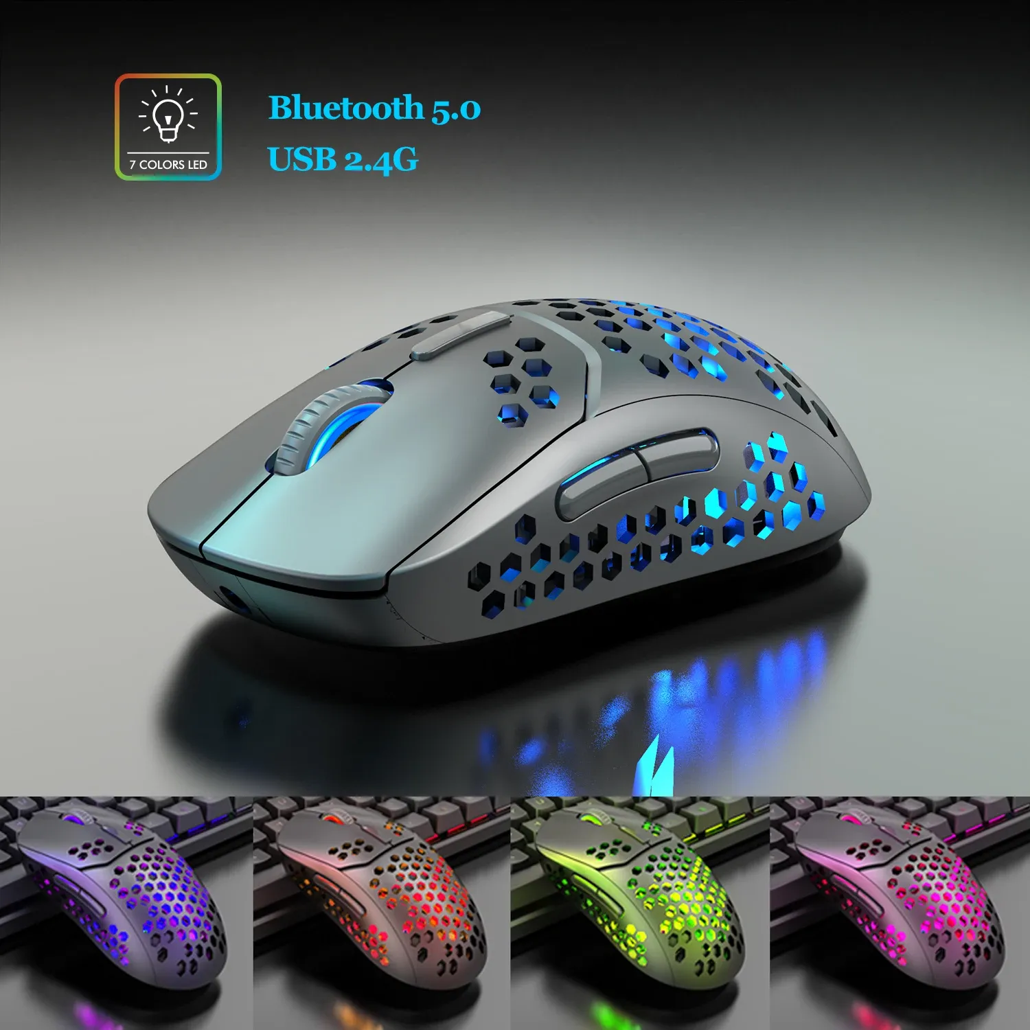 Rato sem fio do jogo dos ratos bluetooth, rgb ultra leve, silêncio do favo de mel 2.4g respiração luminosa recarregável para portátil/pc