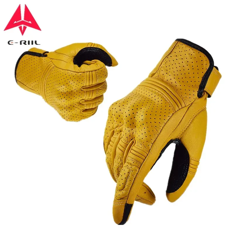 Gloves Vintage Real Leather Motorcycle Gloves Breathable Full Finger Motorbike Racing Riding Glove Screen Touch Retro Motocross Gloves