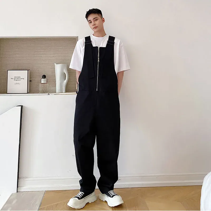 Overalls 2023Losse Overalls Mannen Broek Koreaanse Mannen Japan Casual Streetwear Mode Zwart Wit Bib Broek Mannelijke Cargo Jumpsuit broek