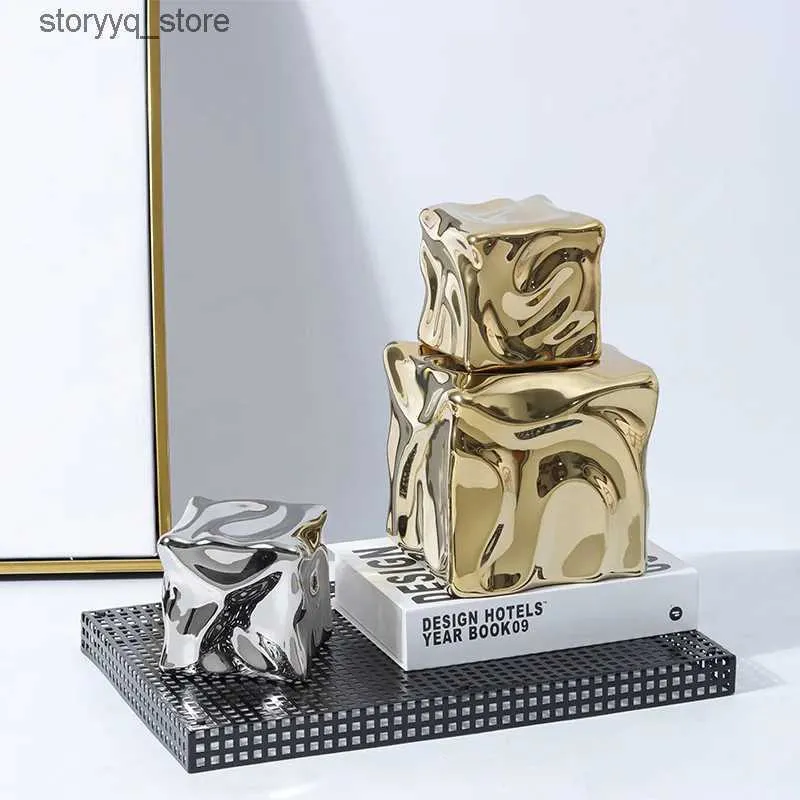 Other Home Decor Ceramic Handicraft Geometric Square Irregular Fold Pattern Ice Block Gold Ceramic Ornament Decorative Figurines Home Decoration Q240229