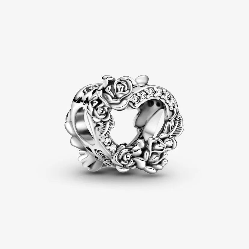 100% 925 Sterling Silver Open Heart Rose Flowers Charms Fit Original European Charm Armband Women Wedding Engagement JE264P
