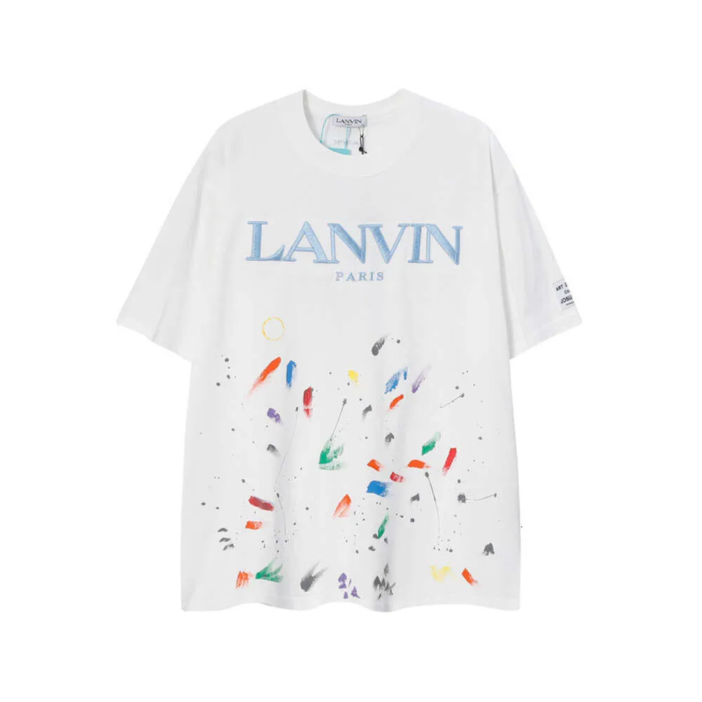 Lanvis Chemise Langfan Splash Ink Broderie Lâche Col Rond Manches Courtes Polyvalent Hommes et Femmes Couple Lanvine Chemise Tendance Marque 4348