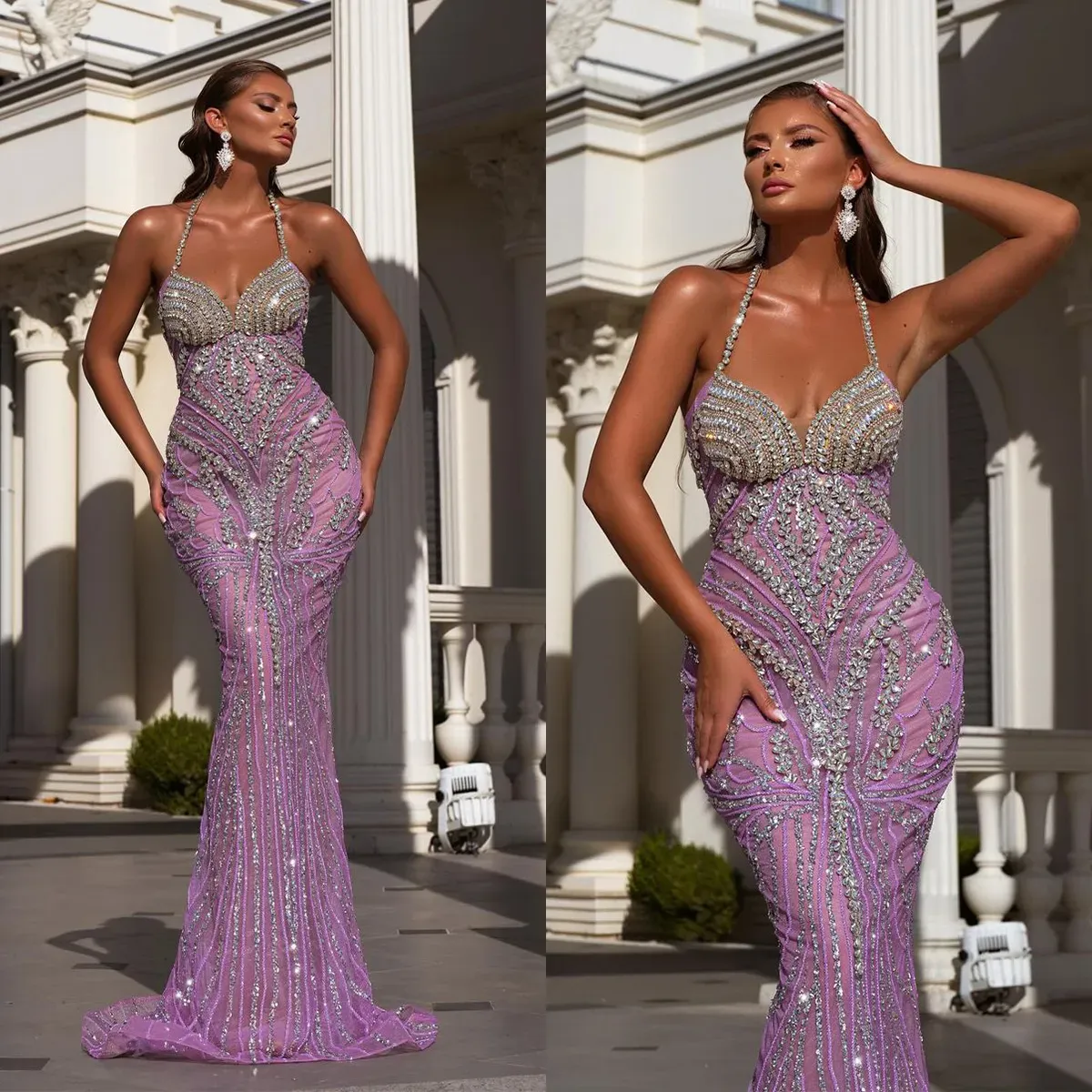 Halter Crystal Mermaid aftonklänningar Sexig ärmlös pärlor prom klänning glitter golvlängd formell festklänningar 0229