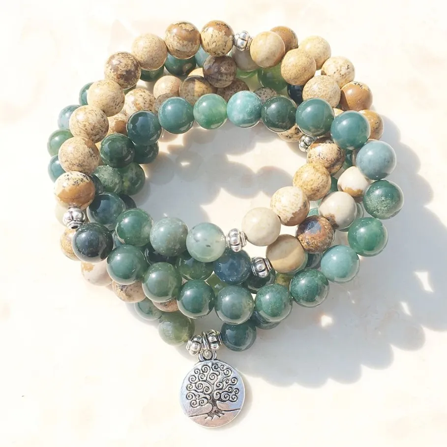 SN1005 Moosachat Bild Jaspis 108 Mala Perlen Yoga Halskette Baum des Lebens Mala Wickelarmband Alles über Natur und Meditati238u