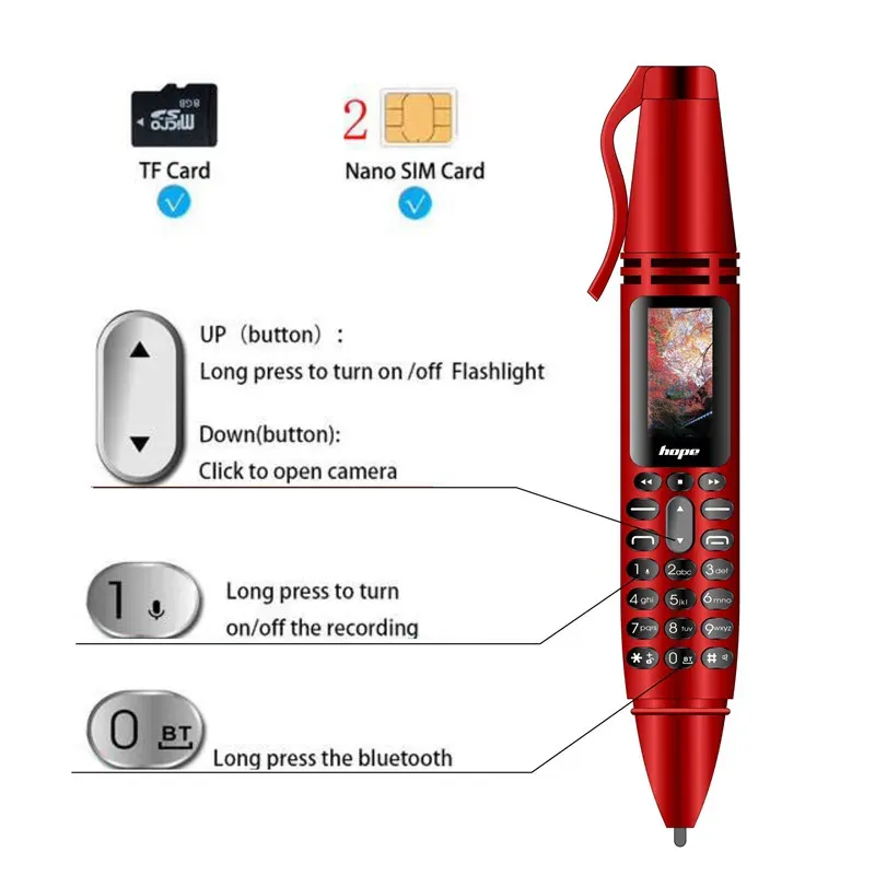 Player MP3 Player Smart Bluetooth Call Dialer Portable Flashlight Recording Camera Pen Wireless Audio Mini Mobile Phone Headset Speaker