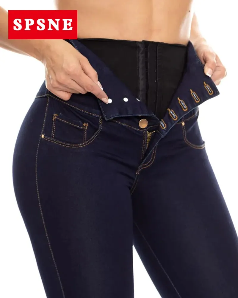 Jeans colombiani a vita alta con sollevamento del sedere con cintura interna Appiattisci la pancia Controlla le gambe Jeans blu a vita alta con sollevamento del sedere 240219