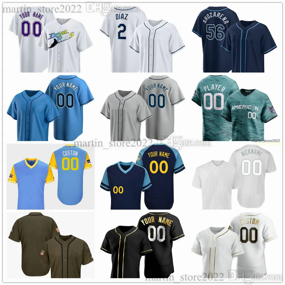 Camisas de beisebol costuradas 2024 22 Jose Siri 13 Junior Caminero 47 Jason Adam 64 Shawn Armstrong 11 Shane Baz 45 Taj Bradley 60 Garrett Cleavinger 48 Chris Devenski