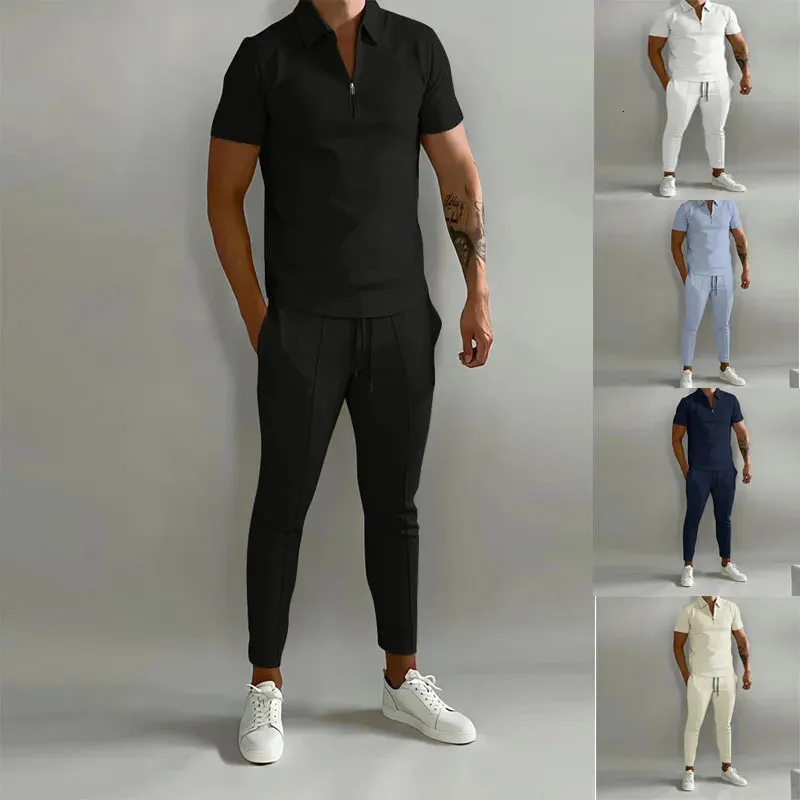 Summer Europe And The United States Solid Color POLO Mens Suit Slim Short Sleeve Trousers Leisure Sports 240220