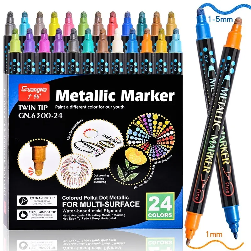 Markers 12/24/36pcs Metallica Markers Set Dual Head Waterbased Paint Pen Drawing Tools for Stone Metal Wood Dark Paper School Supplies