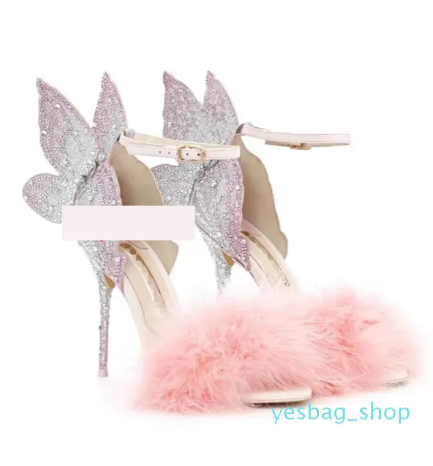 Senhoras couro real pena de salto alto rosa sólida borboleta ornamentos sophia webster festa de casamento colorido lantejoulas pano tamanho