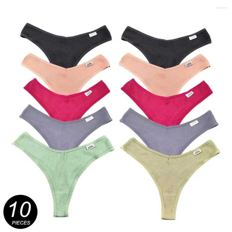 Calcinha feminina UNWE 10 pçs / set com nervuras de algodão tanga mulheres pacote sem costura Laides cor sólida lingerie feminina g-string roupa interior atacado