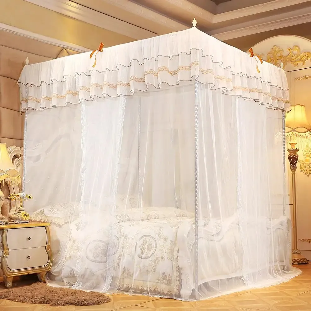 Luxury Princess Four Corner Post Bed Curtain Canopy Netting Mosquito Net Bedding L Polyester White 240228