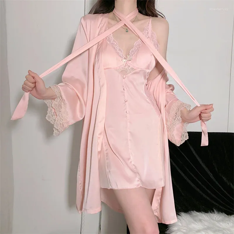 Vêtements de nuit pour femmes Sexy Femmes Robe Ensembles Robe de sommeil Robe de soie de glace Homewear Col en V Bord de dentelle Chemise de nuit Costume à la maison avec coussin de poitrine 2pcs