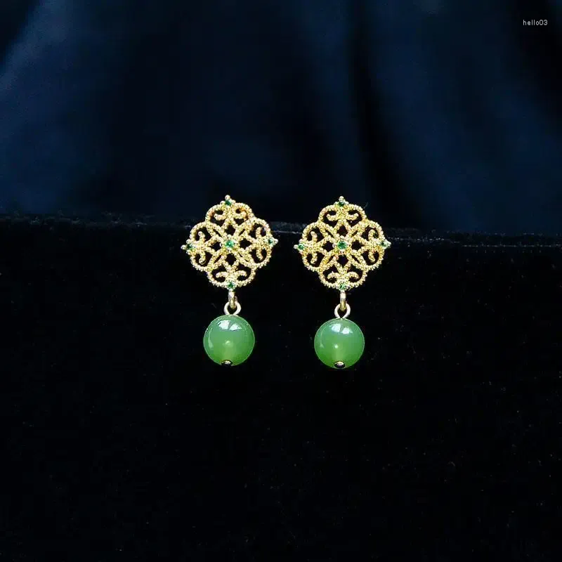 Dangle Oorbellen Jinseqi Natuurlijke Tian Jade Chinese Retro Vergulde Gesneden Eardrop Earring High-End Elegant