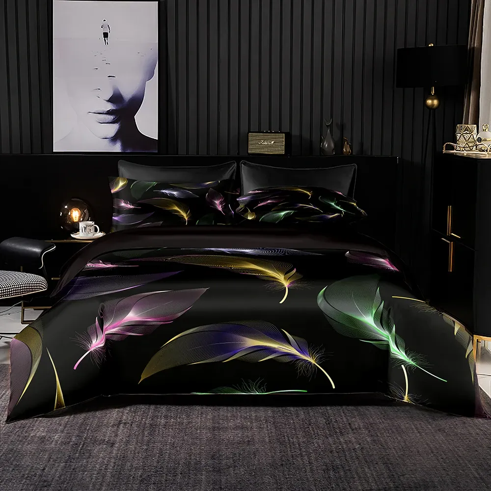 Setler Renkli Tüy Desen Yatak Seti Yastık Kılıfı ile 200x200, 220x230 Yorgan Kapağı, Tek Çift Kraliçe Kral Yatak Seti