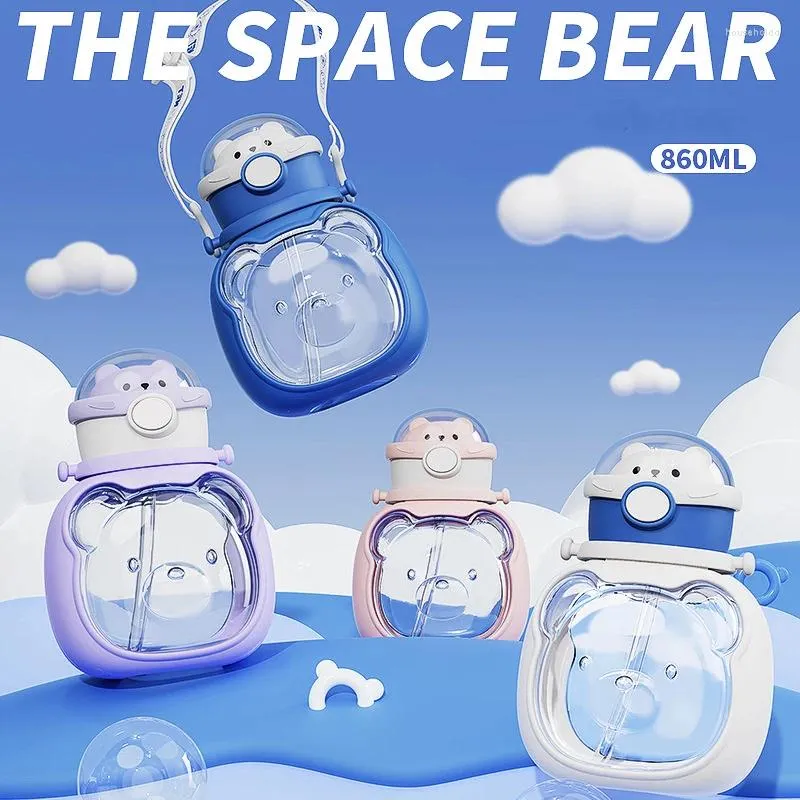 Bouteilles d'eau 860 ml Kawaii Aerospace Bear Tritan mignon pour enfants avec paille en plastique sans BPA Portable boisson ventre tasse étanche