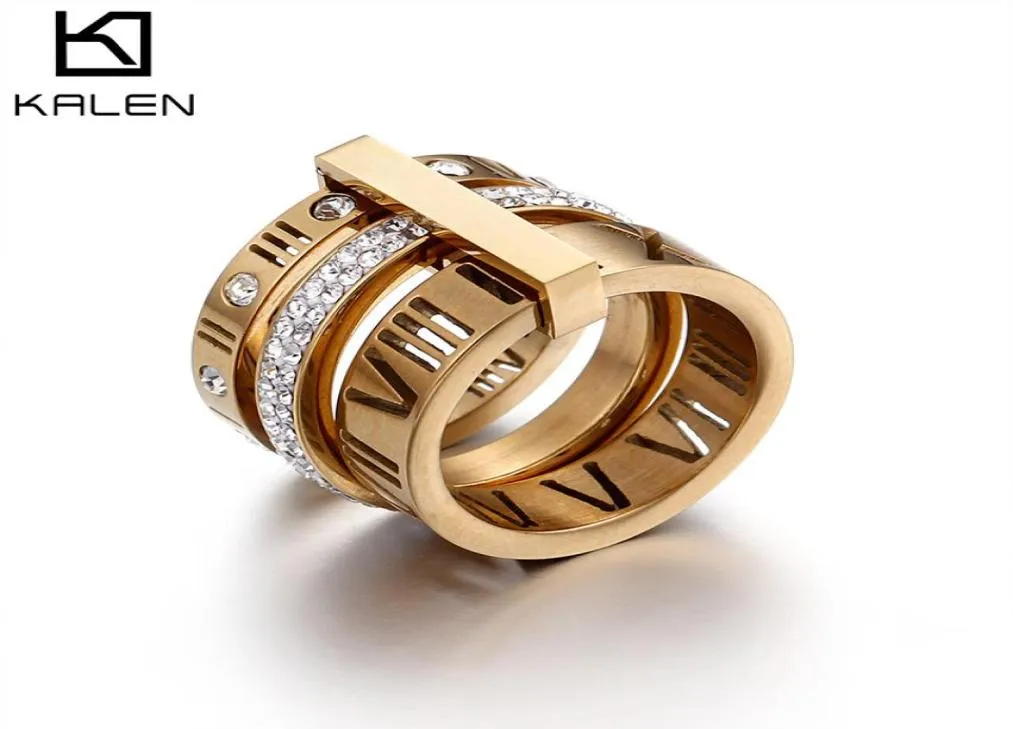 Anéis de strass para mulheres 3 cores aço inoxidável rosa ouro algarismos romanos anéis de dedo femme anéis de noivado de casamento jóias2706074