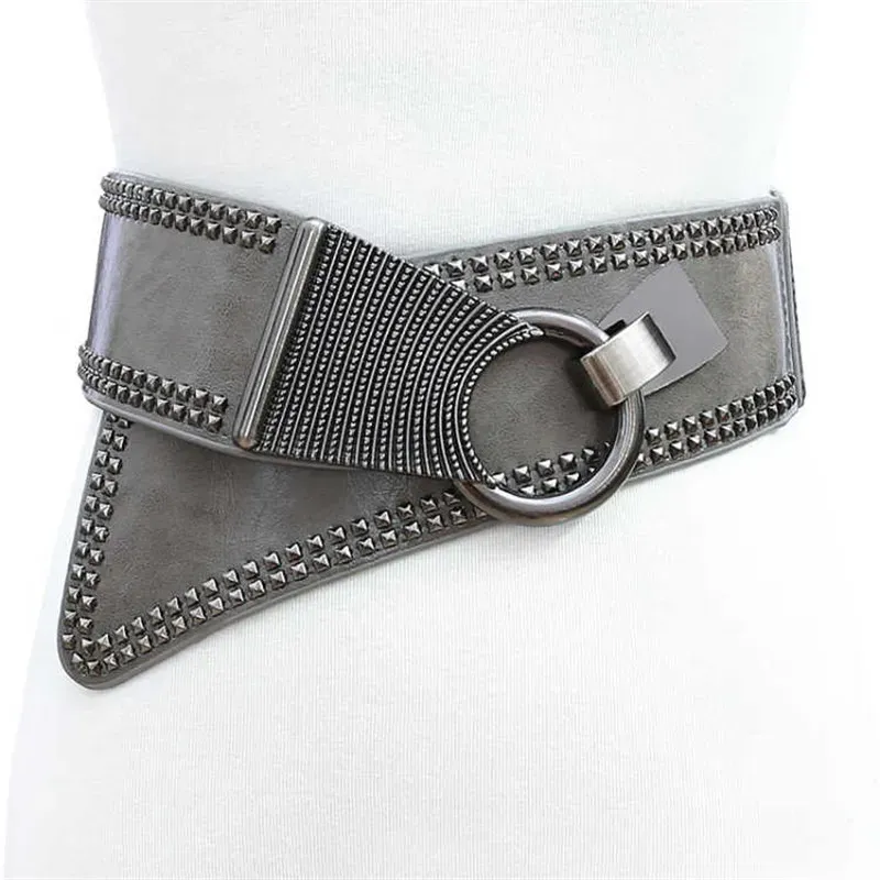 Belts New Black Leather Cummerbunds Female Woman Belt Studded Wide Women's Belts Punk Rivet Stretchy Dress Waistbands Lady