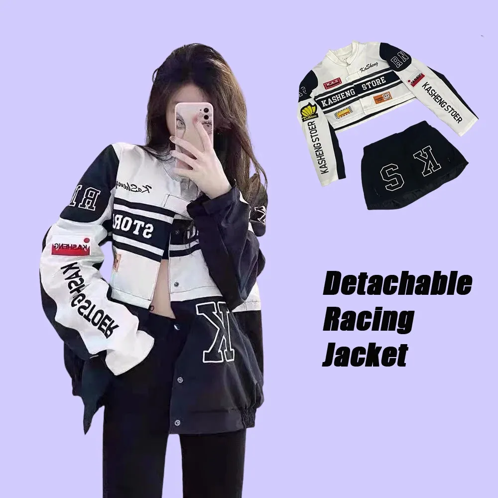 Primavera destacável motocicleta jaqueta de corrida com saia separação conjunto feminino vintage motor outono casaco coreano y2k harajuku roupas 240226