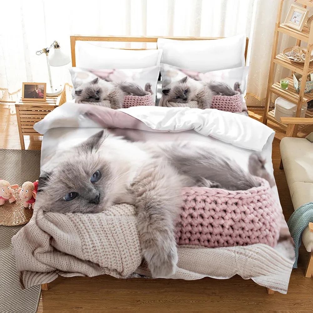 sets Cute Cat Duvet Cover 3D Animal Bedding Set Pet Kitten Comforter Cover Microfiber Twin Full King For Kids Teen Boys Bedroom Decor