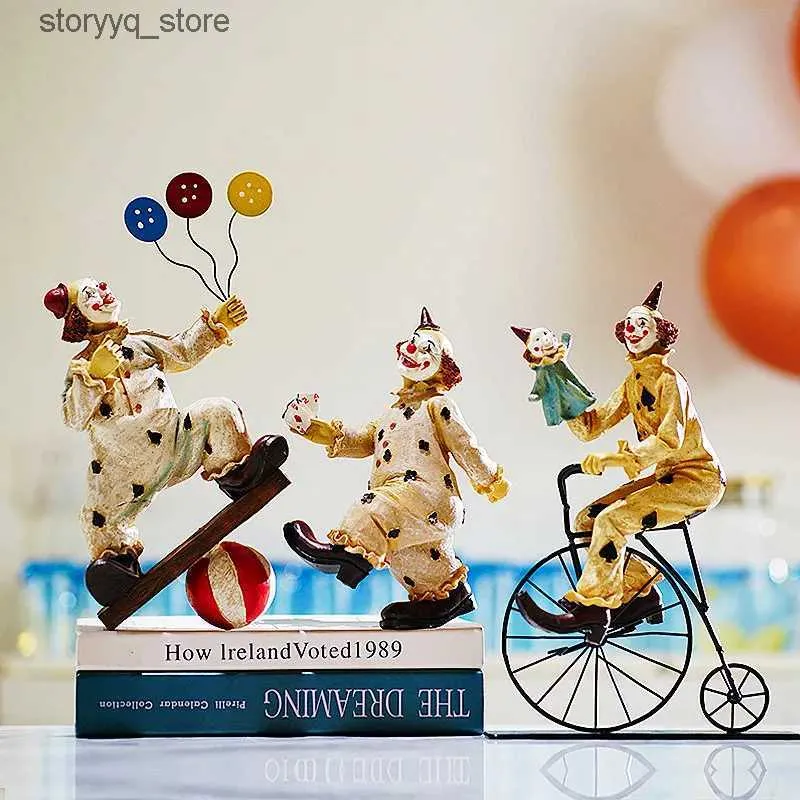 Autre décor à la maison Résine Figure Sculpture Cirque Clown Personnage Ornements Dessin Animé Clown Artisanat Ballons Colorés Chambre Pour Enfants Décoration De La Maison Q240229