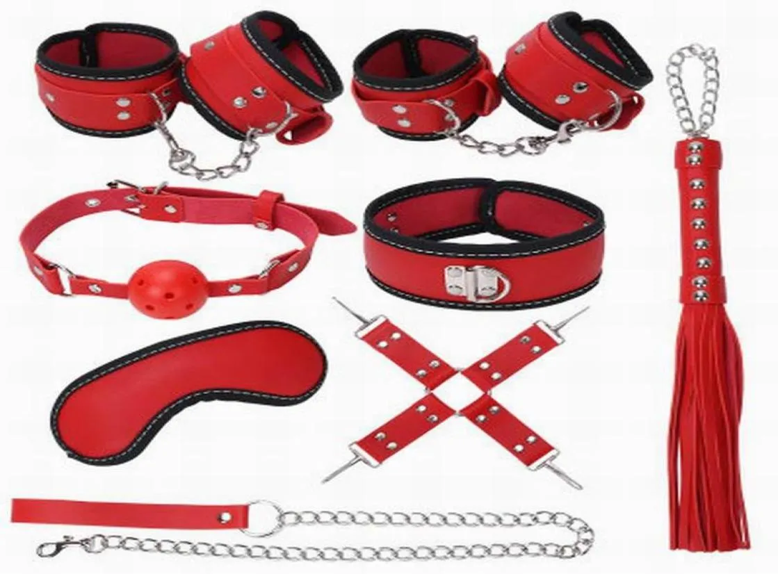 8 pcsset Kit Mouth Ball Plug Leather Dog Collar Slave Wrist Ankle Cuffs Eye Mask Whips In Adult Games Fetish Sex Toys Bondage For8770830