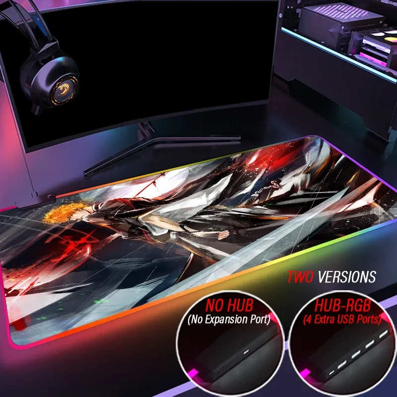 Pads Großes benutzerdefiniertes Ichigo HUB-Mauspad, personalisiertes 4-Port-USB-Gaming-Mauspad RGB BLEACH Zangetsu leuchtende Spielmatte mit LED-Hintergrundbeleuchtung