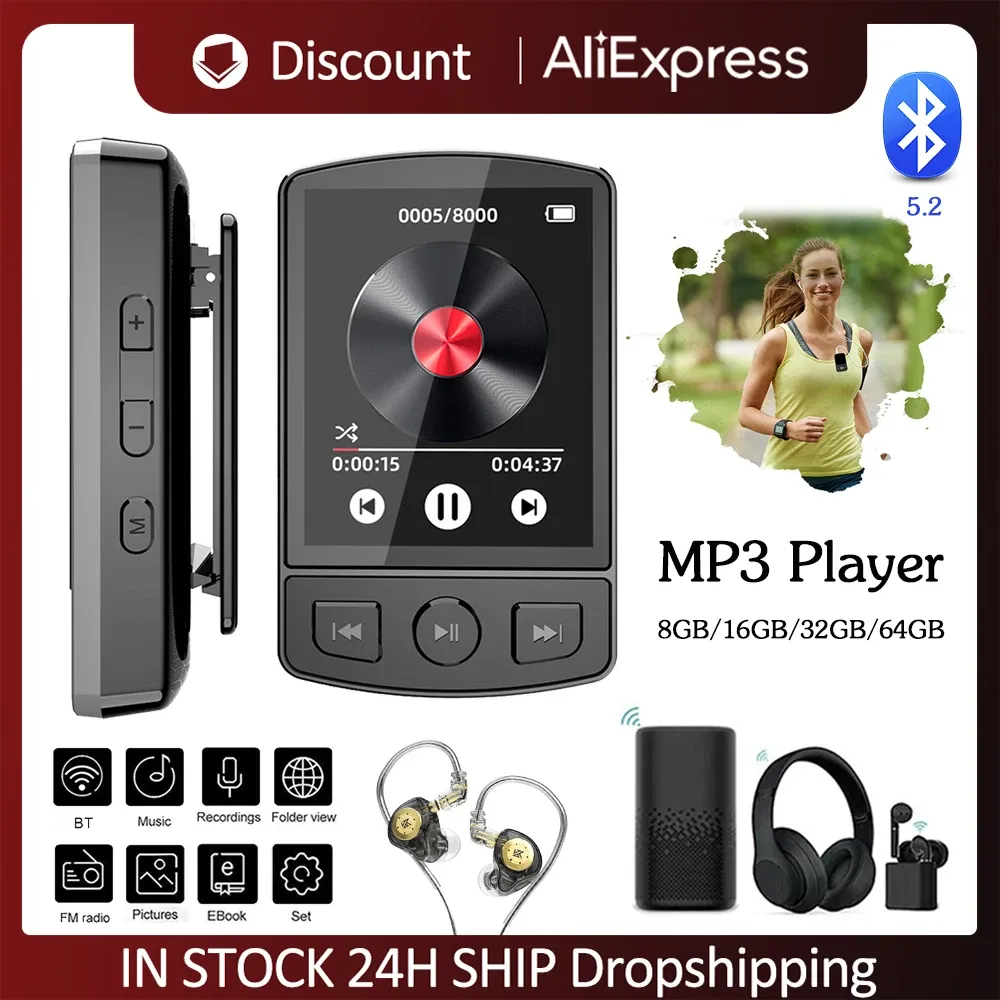 Player Portable MP3 Player Bluetooth 5.2 Music Stereo Speaker Mini MP3 Player Portable Sport Clip Support EBook FM Radio Recording