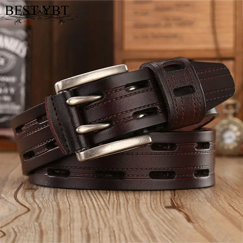 Cintos Melhor YBT Alta Qualidade Cintos De Couro Genuíno Para Homens Marca Strap Masculino Pino Duplo Fantasia Vintage Jeans Cowboy Cintos