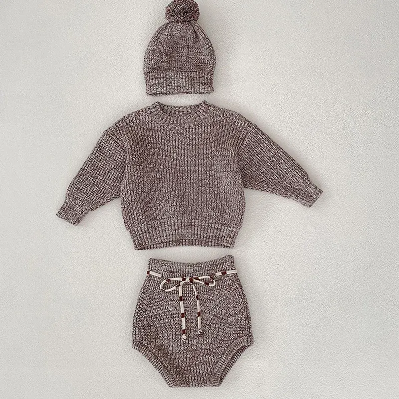 Conjuntos outono inverno crianças roupas de malha terno manga comprida pulôver de malha topo + shorts chapéu recém-nascido bebê meninas conjunto