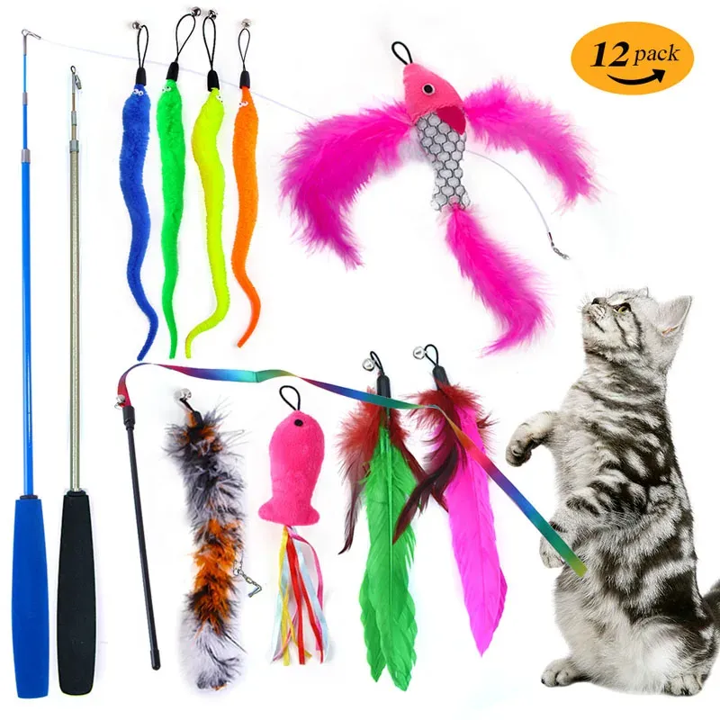 Tillbehör Funny Cat Toy Set Interactive Cat Bease Stick Feather Replacement Head Justerbar Tre sektion Fiskstång PET -leveranser