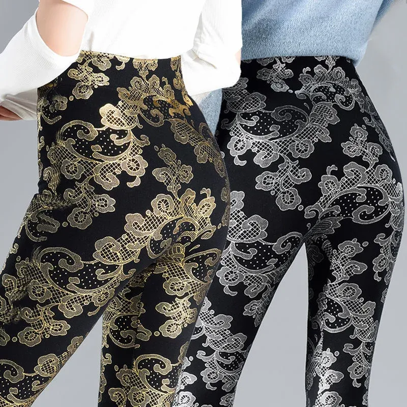 Capris Autunno Inverno Paillettes Floreali da donna Glitter caldo velluto Leggings Pantaloni a vita alta elasticizzati con fondo nero Pantaloni a matita