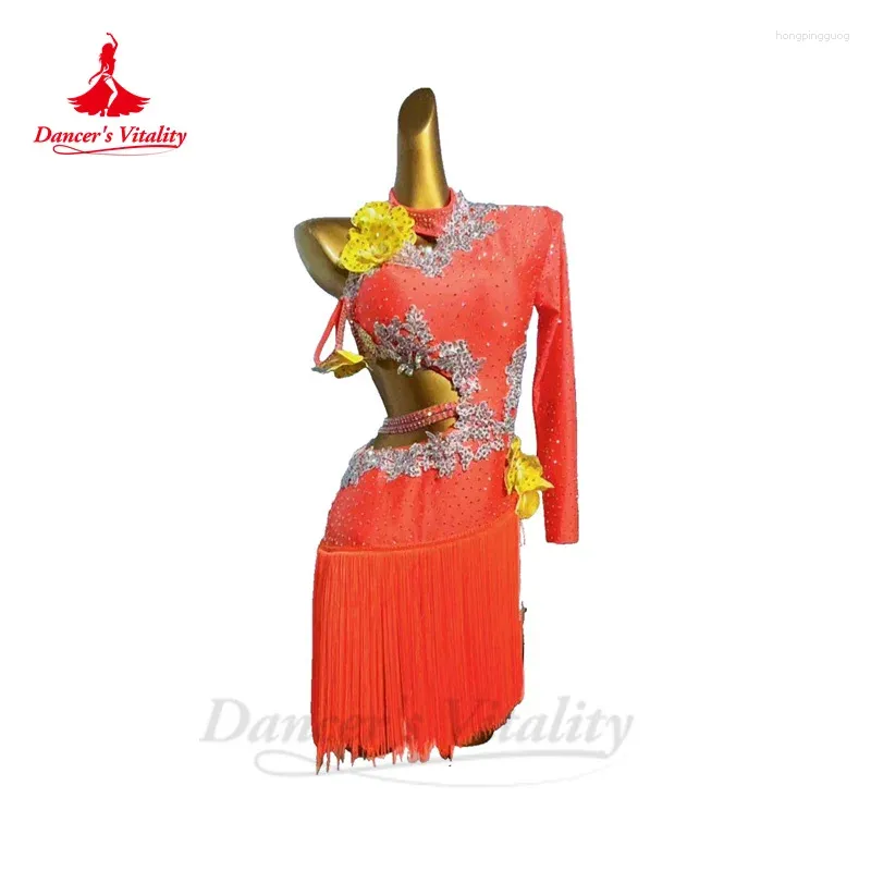 Stage Wear Robe de danse latine pour femmes Senior Spandex manches simples Rumba Chacha Tango Performance Costume Jupe Adulte Enfant Robes