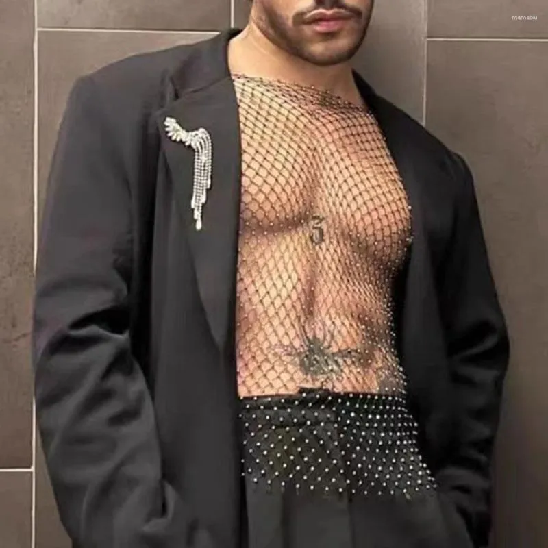 Débardeurs pour hommes 2024 Flash Diamond Hollow Vest Mesh Nombril-Baring Mens Sexy Fishnet Perspective Discothèque Lgbt Sous-vêtements