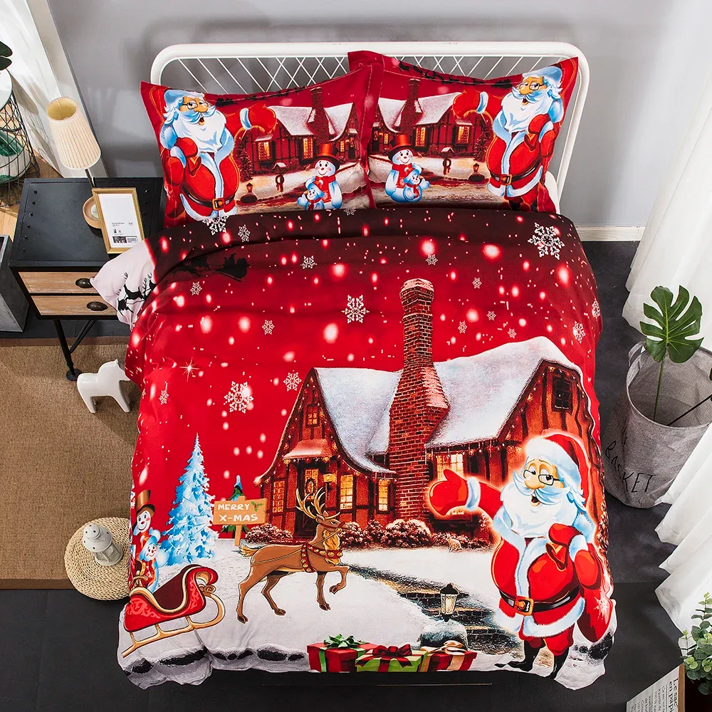 Set Ny Happy Christmas King Size Bedding Set 3 PCS Reactive Printing Red Snowflake Reindeer Santa Claus Däcke Cover Set Dropship 8