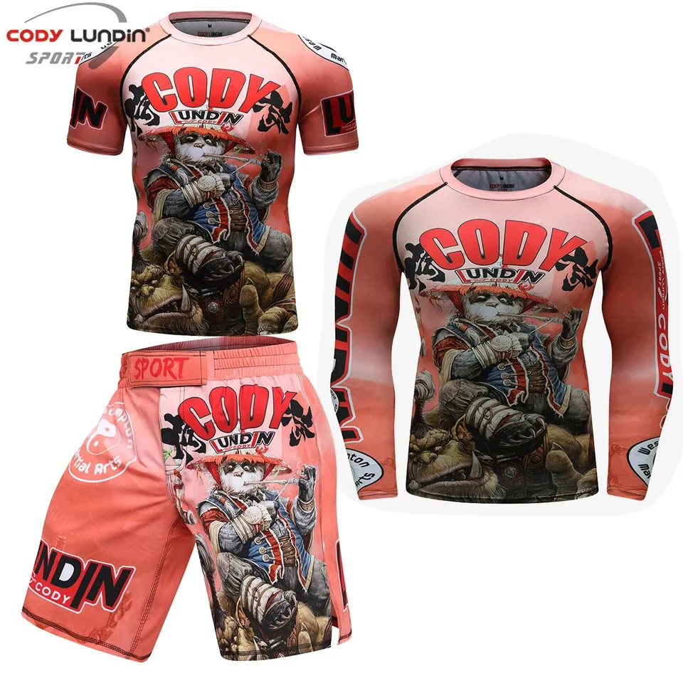 Set Fitness Rashguard Uomo Camicia a compressione MMA BJJ Boxe Muay Thai Pantaloncini Kickboxing Abiti sportivi Set da corsa Abbigliamento da palestra per allenamento