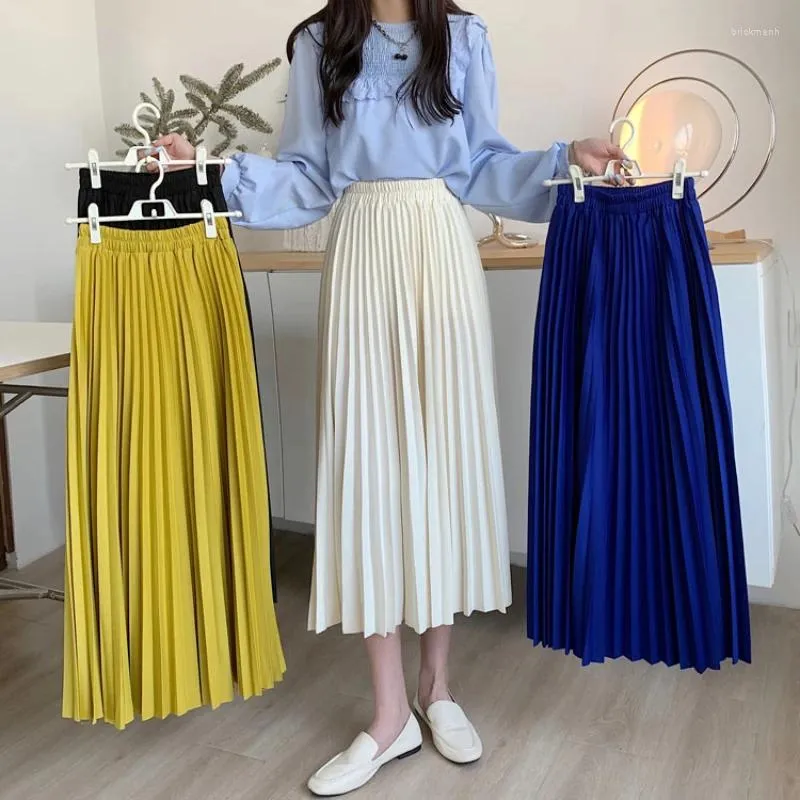 Юбки, модная плиссированная юбка средней длины, женская корейская стильная эластичная талия, универсальная женская трапециевидной формы, желтая, длинная, Faldas Mujer
