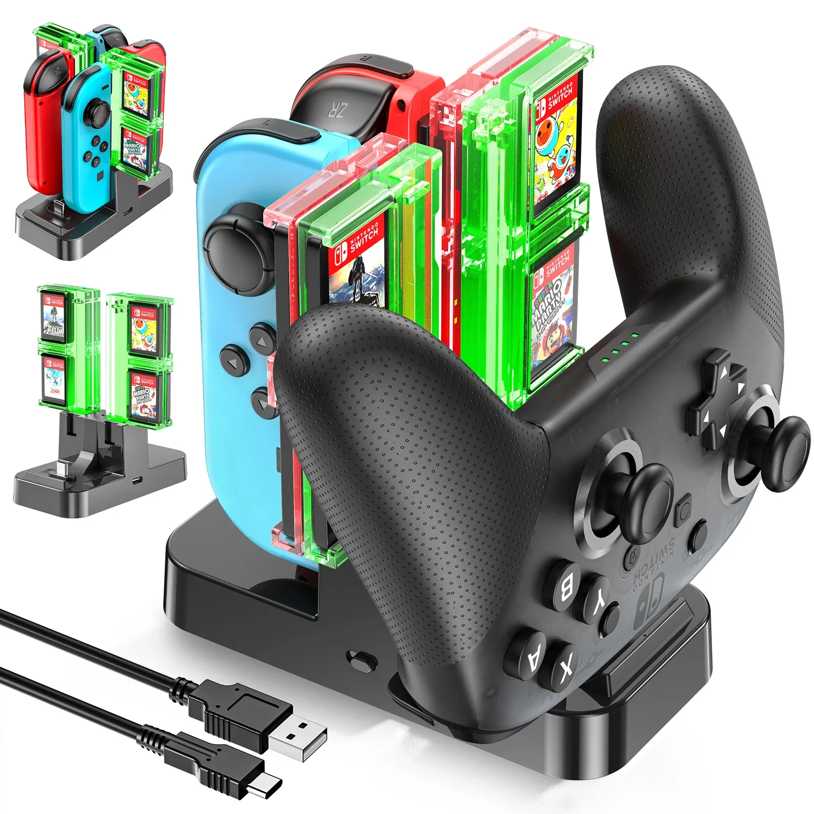 Carregadores OIVO para Switch Joycon Charger Station para Nintendo Switch Pro Controller Charging Dock Indicador LED com 8 slots para cartões de jogo