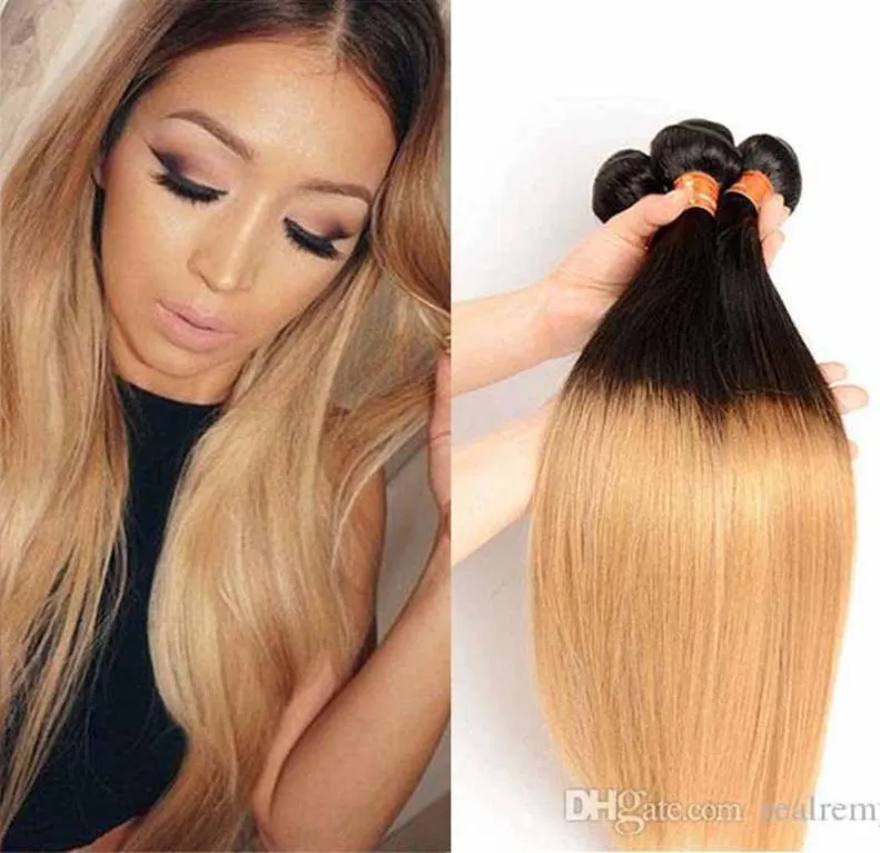 Pasja Ombre Hair Extensons Brazylijska malezyjska peruwiańska prosta dziewicza włosy 3 wiązki dwa ton 1B27 Ombre blond ludzkie włosy 6263920