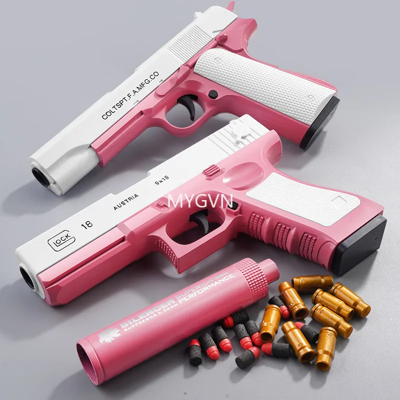 M1911 EVA Soft Bullet Foam Darts Blaster Toy Gun Pistolet Tir manuel Lanceur rose avec silencieux pour enfants Enfants Garçons Cadeaux d'anniversaire 001
