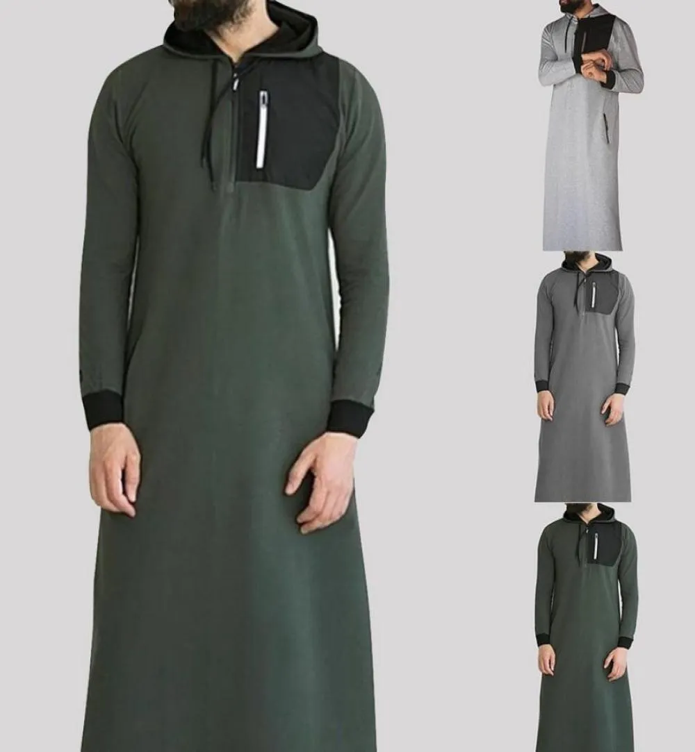 Islamski muzułmański arabski bluza 2019 Mężczyźni z kapturem z kapturem z kieszonkową Abaya Arabian Arabian Long Hoodie